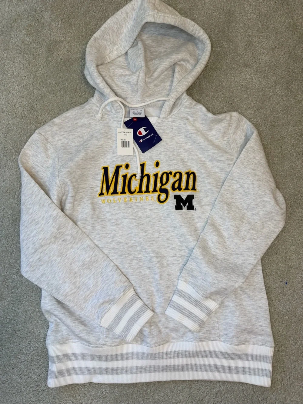 Vintage Champion Light Gray Michigan Hoodie with Yellow and Black Embroidery